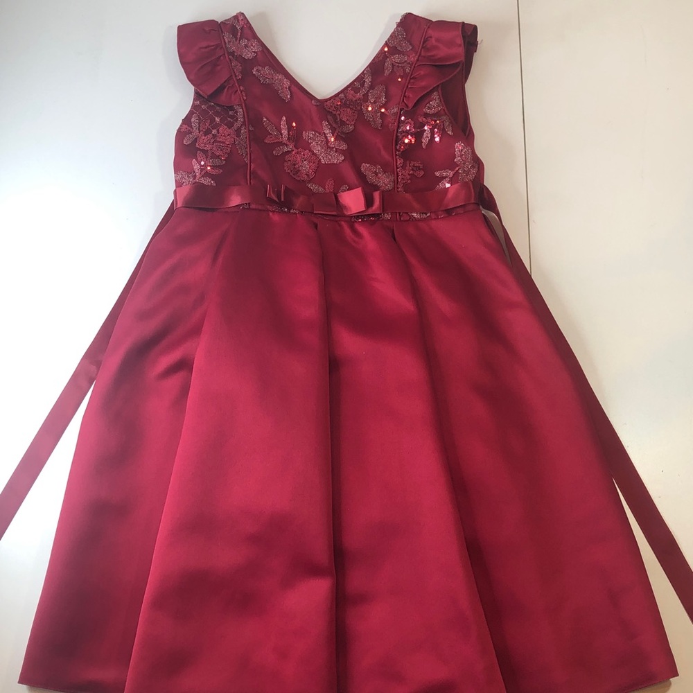 Elegant Red Burgundy Kids Dress Floral Sequins Ruffle Cap Sleeves Girls 140 7/8